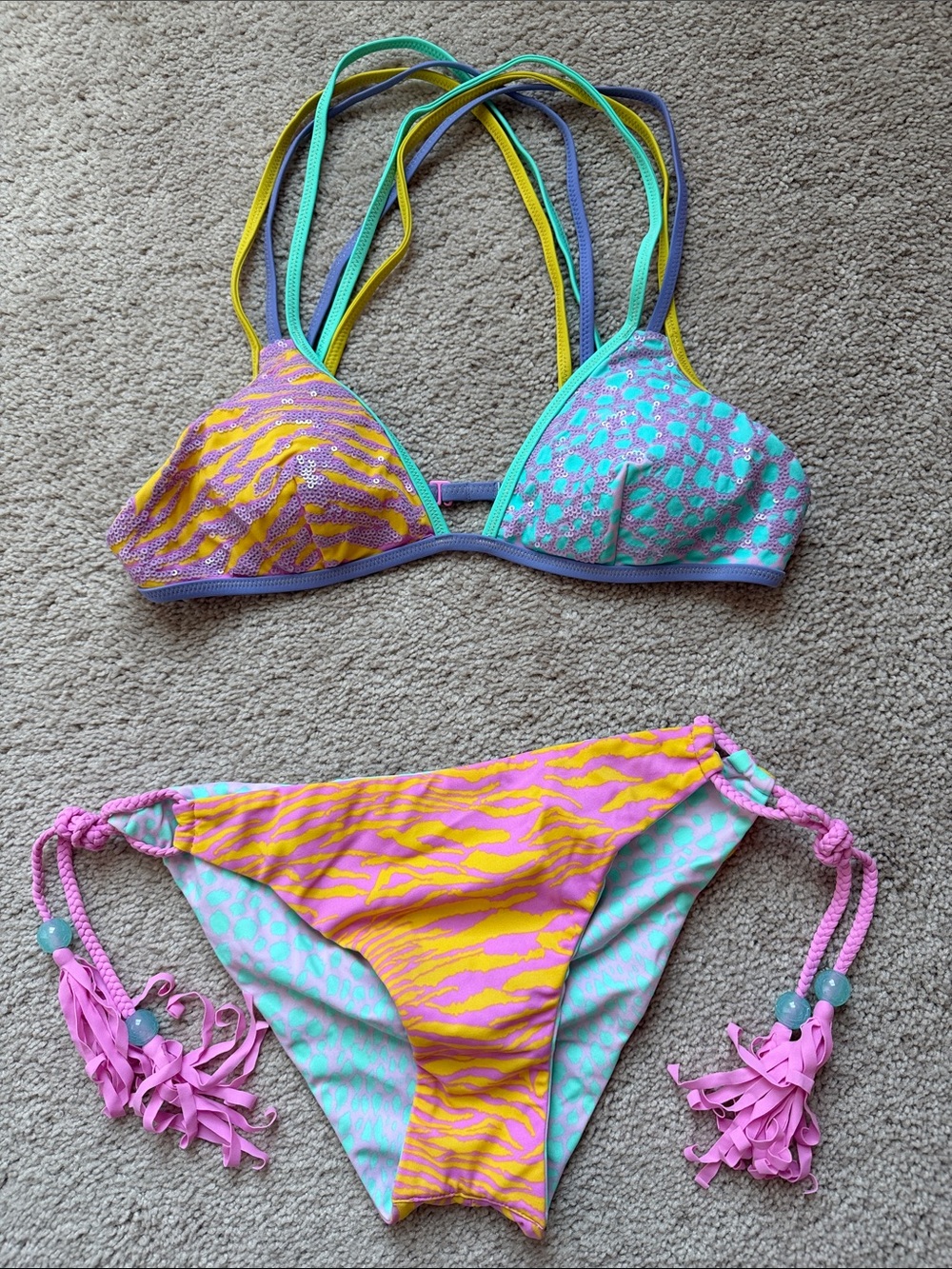 Victoria's Secret Multicolor Pink Yellow Aqua Strappy Bikini, Reversible Bottoms